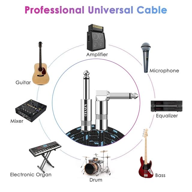 Alt view image 2 of 7 - 10FT 2 Pack Instrument Cable - Electric & Bass Guitar, Keyboard, AMP Cord - 1/4 Inch Right Angle Black & Blue