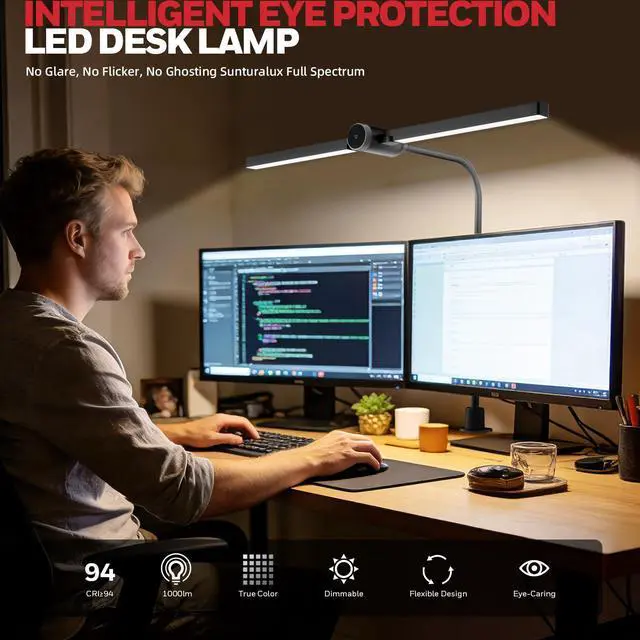Alt view image 2 of 7 - Led Desk Lamp with Clamp - HJ4 Sunturalux, Flexible DualHead ClipOn Gooseneck Desk Lamps for Home Office, 4 Color Temperature Modes, Stepless Dimming Eye Caring Computer Light, Black