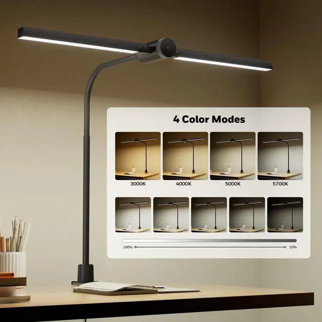 Alt view image 3 of 7 - Led Desk Lamp with Clamp - HJ4 Sunturalux, Flexible DualHead ClipOn Gooseneck Desk Lamps for Home Office, 4 Color Temperature Modes, Stepless Dimming Eye Caring Computer Light, Black