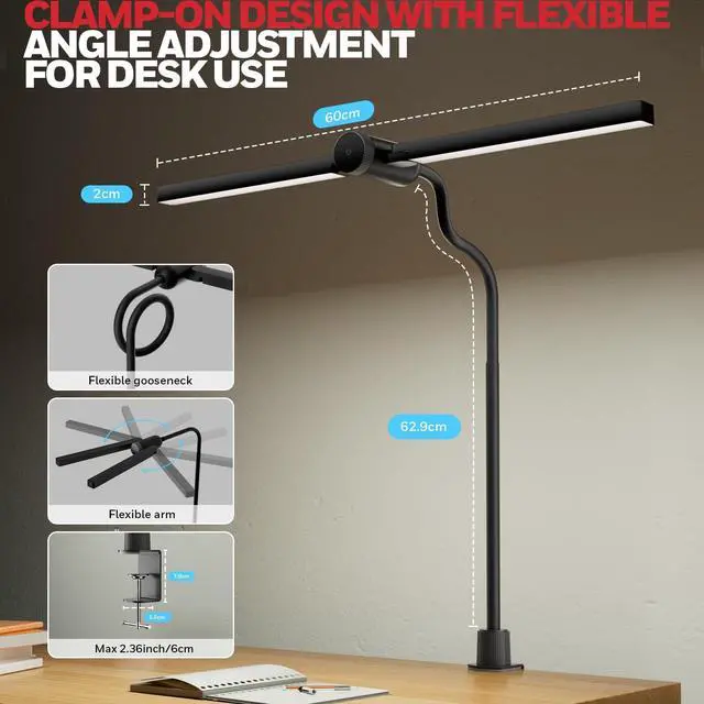 Alt view image 4 of 7 - Led Desk Lamp with Clamp - HJ4 Sunturalux, Flexible DualHead ClipOn Gooseneck Desk Lamps for Home Office, 4 Color Temperature Modes, Stepless Dimming Eye Caring Computer Light, Black