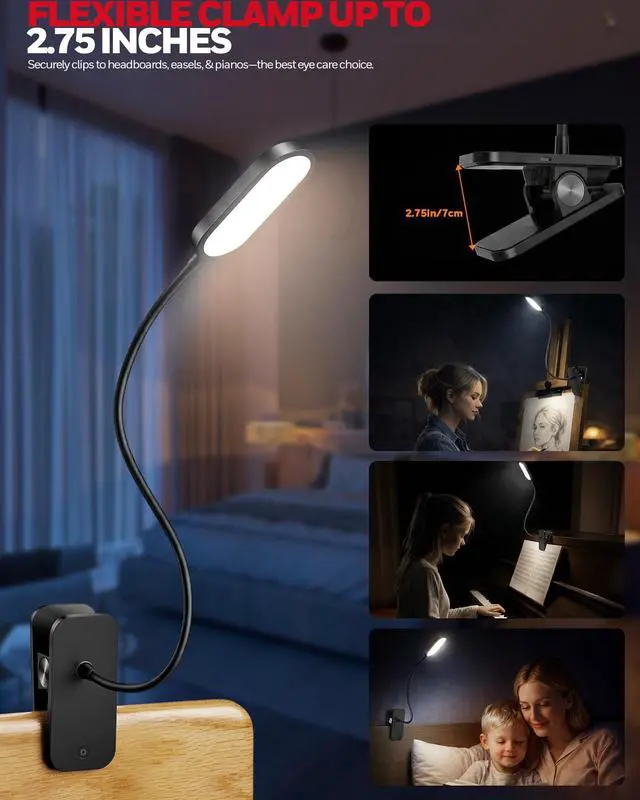 Alt view image 3 of 7 - Clip On Desk Lamp, Rechargeable Reading Light with Touch Control, Stepless Dimming, Portable Lamp for Desk, Bedside, Study