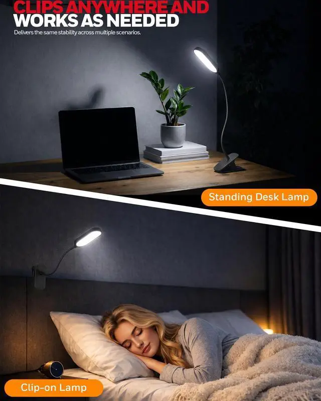 Alt view image 6 of 7 - Clip On Desk Lamp, Rechargeable Reading Light with Touch Control, Stepless Dimming, Portable Lamp for Desk, Bedside, Study