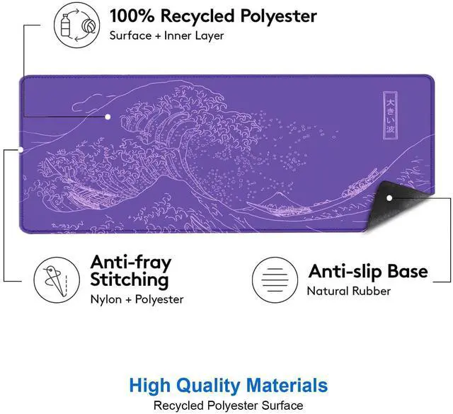 Alt view image 3 of 7 - Great Wave Large Gaming Mouse Pad, Purple Minimalist Japanese Desk Mat, Gamer Aesthetic Extended Mousepad Cute, Non-Slip Rubber Base Lilac Desk Pad for Office- 31.5 X 11.8 Inch