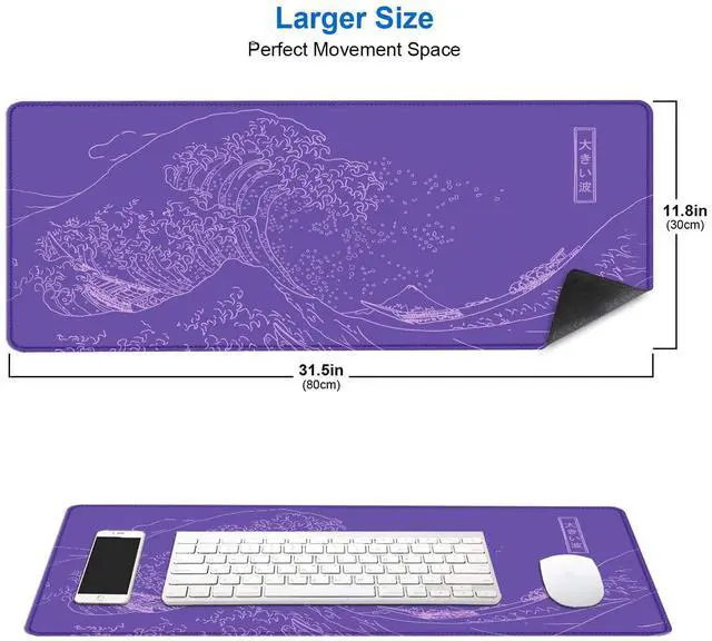 Alt view image 2 of 7 - Great Wave Large Gaming Mouse Pad, Purple Minimalist Japanese Desk Mat, Gamer Aesthetic Extended Mousepad Cute, Non-Slip Rubber Base Lilac Desk Pad for Office- 31.5 X 11.8 Inch