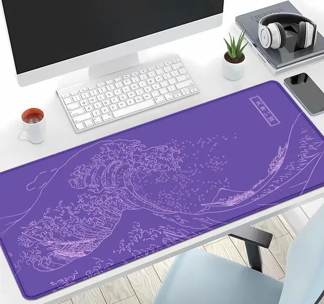 Alt view image 6 of 7 - Great Wave Large Gaming Mouse Pad, Purple Minimalist Japanese Desk Mat, Gamer Aesthetic Extended Mousepad Cute, Non-Slip Rubber Base Lilac Desk Pad for Office- 31.5 X 11.8 Inch
