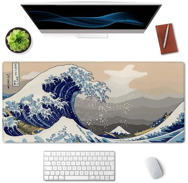 Alt view image 3 of 7 - Extended Gaming Mouse Pad (35.5x15.7 in), Large Stable Rubber Base Mousepad with Stitched Edges, Keyboard Mouse Mat Desk Pad for Work, Game, Office, Home - Great Wave Off Kanegawa