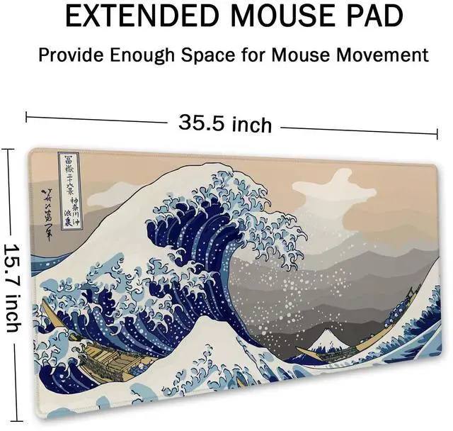 Alt view image 2 of 7 - Extended Gaming Mouse Pad (35.5x15.7 in), Large Stable Rubber Base Mousepad with Stitched Edges, Keyboard Mouse Mat Desk Pad for Work, Game, Office, Home - Great Wave Off Kanegawa