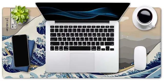 Alt view image 4 of 7 - Extended Gaming Mouse Pad (35.5x15.7 in), Large Stable Rubber Base Mousepad with Stitched Edges, Keyboard Mouse Mat Desk Pad for Work, Game, Office, Home - Great Wave Off Kanegawa