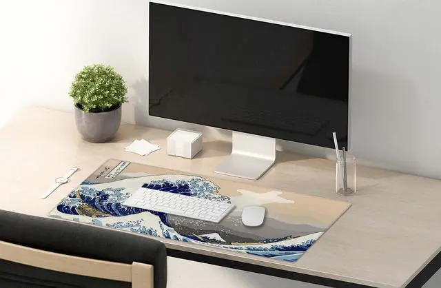 Alt view image 5 of 7 - Extended Gaming Mouse Pad (35.5x15.7 in), Large Stable Rubber Base Mousepad with Stitched Edges, Keyboard Mouse Mat Desk Pad for Work, Game, Office, Home - Great Wave Off Kanegawa