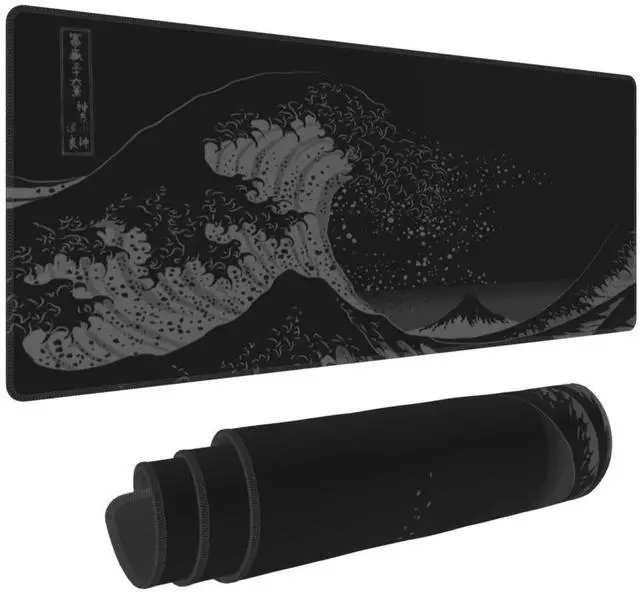 Main image of Japanese Black The Great Wave Off Kanagawa Painting Mouse Pad XL Extended Desk Mat, Non Slip Rubber Base Stitched Edge Gaming Pc Desktop Large Mice Pad,31.5 x 11.8 Inch