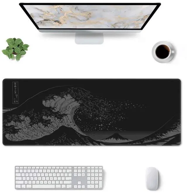 Alt view image 2 of 7 - Japanese Black The Great Wave Off Kanagawa Painting Mouse Pad XL Extended Desk Mat, Non Slip Rubber Base Stitched Edge Gaming Pc Desktop Large Mice Pad,31.5 x 11.8 Inch