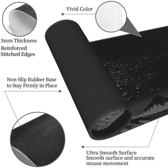 Alt view image 4 of 7 - Japanese Black The Great Wave Off Kanagawa Painting Mouse Pad XL Extended Desk Mat, Non Slip Rubber Base Stitched Edge Gaming Pc Desktop Large Mice Pad,31.5 x 11.8 Inch