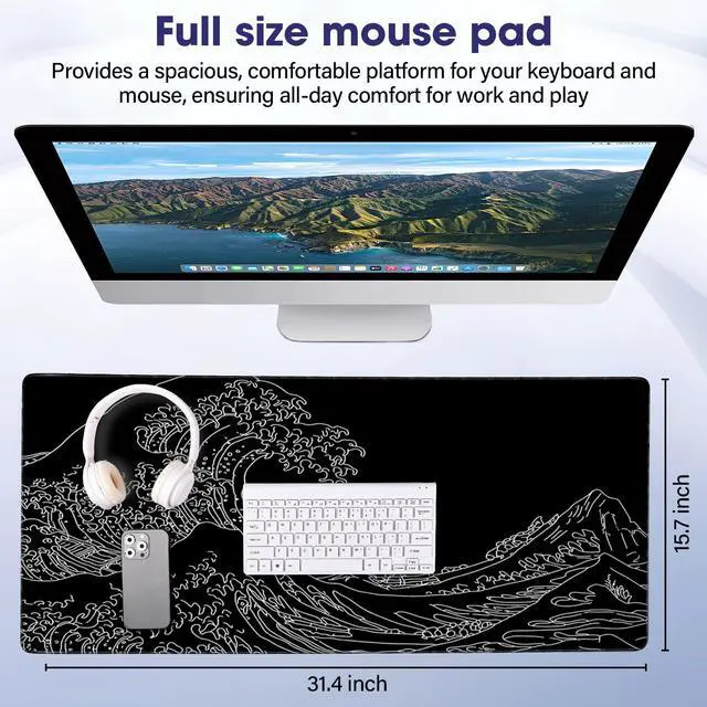 Alt view image 2 of 7 - Waterproof Large Gaming Mouse Pad 31.5" x 15.7" Full Desk Mat, Non-Slip Rubber Base, Stitched Edges, Durable Surface for Esports, Office, Home