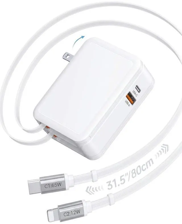 Main image of 2026 Updated 65W Retractable Wall Charger,4 in 1 Foldable Gan Phone Charger Block with 2.6FT Lightening+TypeC Cables,Travel Essentials Brick Plug Multiport for Mac Book Pro/Air,iPhone 17,iPad,Galaxy