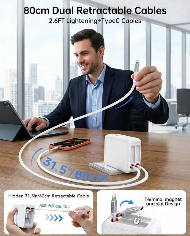 Alt view image 2 of 7 - 2026 Updated 65W Retractable Wall Charger,4 in 1 Foldable Gan Phone Charger Block with 2.6FT Lightening+TypeC Cables,Travel Essentials Brick Plug Multiport for Mac Book Pro/Air,iPhone 17,iPad,Galaxy
