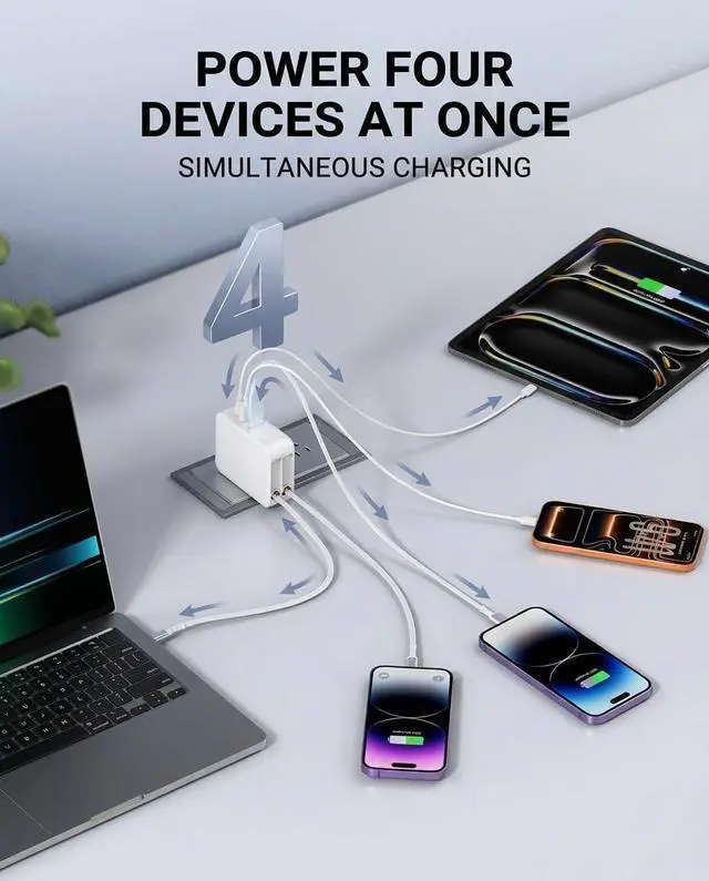 Alt view image 3 of 7 - 2026 Updated 65W Retractable Wall Charger,4 in 1 Foldable Gan Phone Charger Block with 2.6FT Lightening+TypeC Cables,Travel Essentials Brick Plug Multiport for Mac Book Pro/Air,iPhone 17,iPad,Galaxy