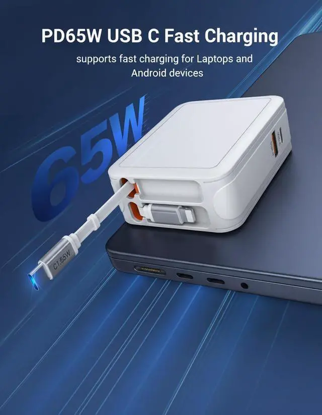 Alt view image 4 of 7 - 2026 Updated 65W Retractable Wall Charger,4 in 1 Foldable Gan Phone Charger Block with 2.6FT Lightening+TypeC Cables,Travel Essentials Brick Plug Multiport for Mac Book Pro/Air,iPhone 17,iPad,Galaxy