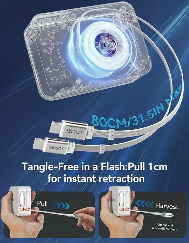 Alt view image 7 of 7 - 2026 Updated 65W Retractable Wall Charger,4 in 1 Foldable Gan Phone Charger Block with 2.6FT Lightening+TypeC Cables,Travel Essentials Brick Plug Multiport for Mac Book Pro/Air,iPhone 17,iPad,Galaxy