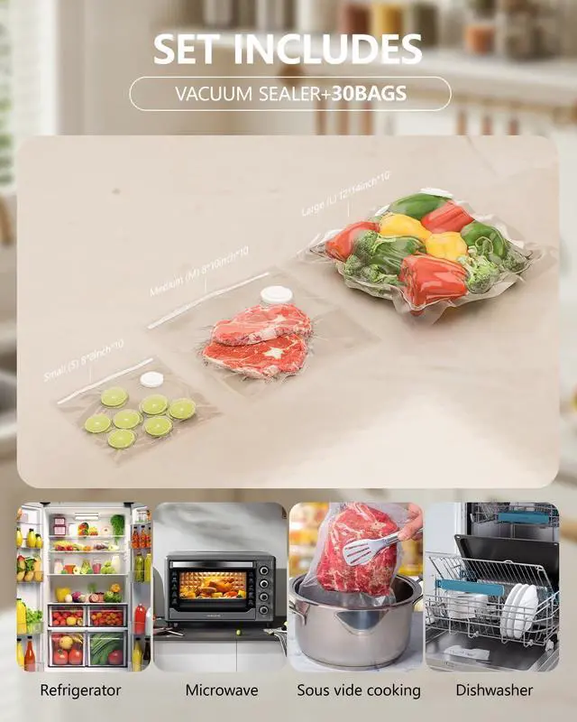 Alt view image 5 of 7 - Vacuum Sealer for Food with 30 Reusable Vacuum Bags, 6X Freshness Lock, Cordless Compact Handheld Vacuum Sealer Machine for Kitchen