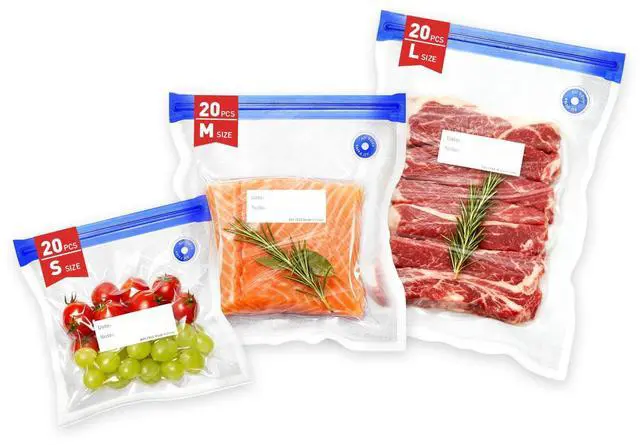 Main image of 60 Pcs Reusable Vacuum Sealer Bags for Food, 3 Size BPA-Free Vacuum Storage Bags with Sealing Clips & Leak-Proof Design for Sous Vide Cooking, Freezer, Microwave Heating