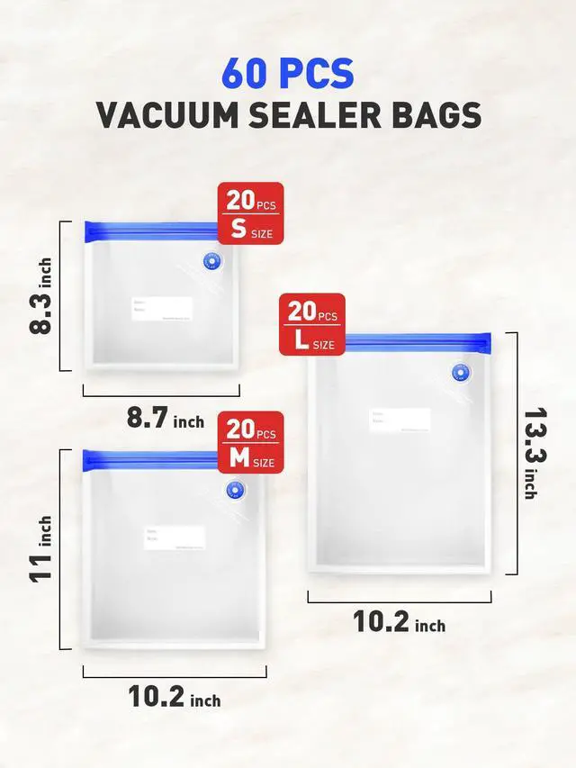 Alt view image 2 of 7 - 60 Pcs Reusable Vacuum Sealer Bags for Food, 3 Size BPA-Free Vacuum Storage Bags with Sealing Clips & Leak-Proof Design for Sous Vide Cooking, Freezer, Microwave Heating