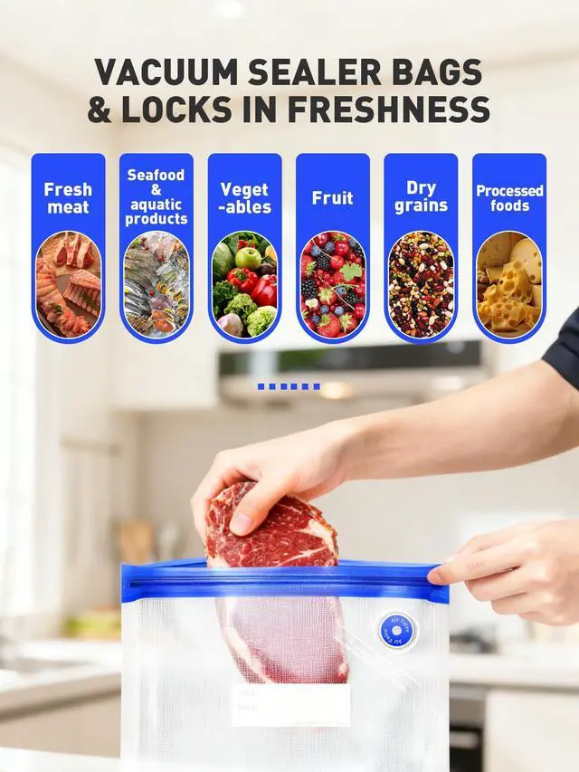 Alt view image 4 of 7 - 60 Pcs Reusable Vacuum Sealer Bags for Food, 3 Size BPA-Free Vacuum Storage Bags with Sealing Clips & Leak-Proof Design for Sous Vide Cooking, Freezer, Microwave Heating