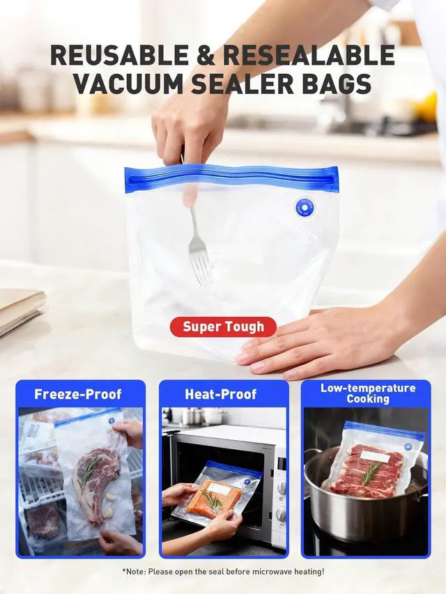 Alt view image 5 of 7 - 60 Pcs Reusable Vacuum Sealer Bags for Food, 3 Size BPA-Free Vacuum Storage Bags with Sealing Clips & Leak-Proof Design for Sous Vide Cooking, Freezer, Microwave Heating