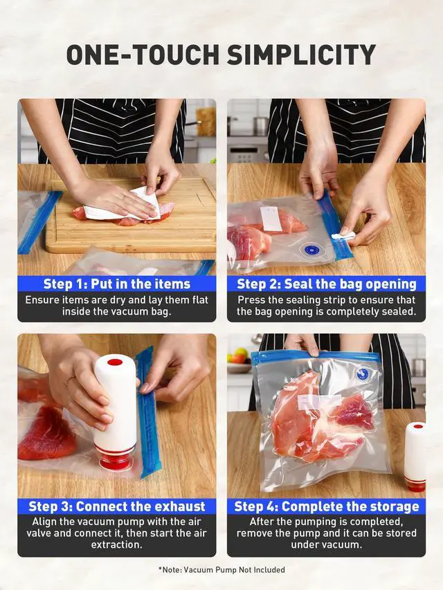 Alt view image 7 of 7 - 60 Pcs Reusable Vacuum Sealer Bags for Food, 3 Size BPA-Free Vacuum Storage Bags with Sealing Clips & Leak-Proof Design for Sous Vide Cooking, Freezer, Microwave Heating