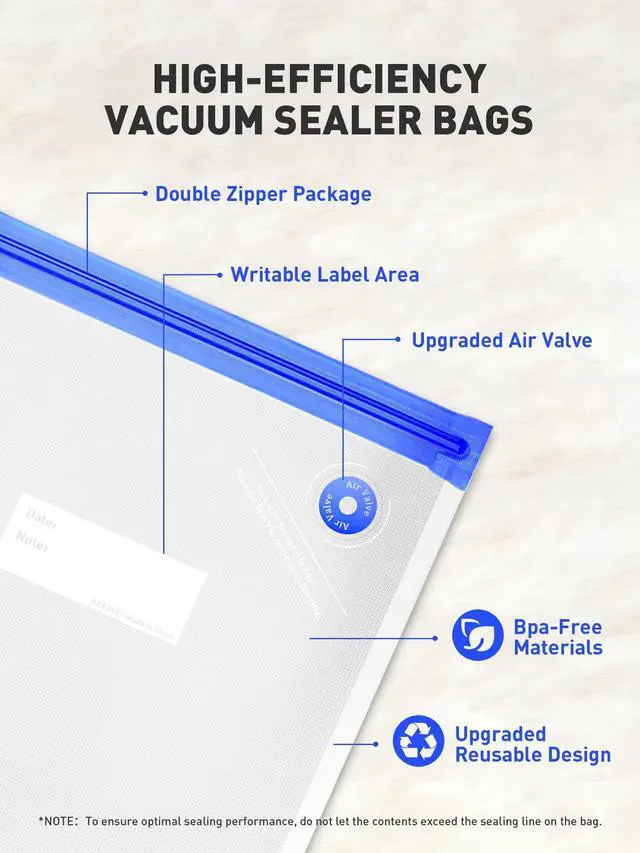 Alt view image 6 of 7 - 60 Pcs Reusable Vacuum Sealer Bags for Food, 3 Size BPA-Free Vacuum Storage Bags with Sealing Clips & Leak-Proof Design for Sous Vide Cooking, Freezer, Microwave Heating
