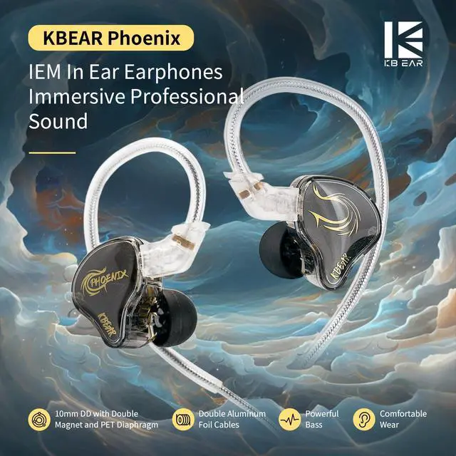 Alt view image 3 of 6 - KBEAR Phoenix Wired Earbuds, Black with Mic | in Ear Headphones with 10mm DD+PET Driver, Stereo Clear Sound Gaming Headphones, in Ear Monitor for Music Gaming