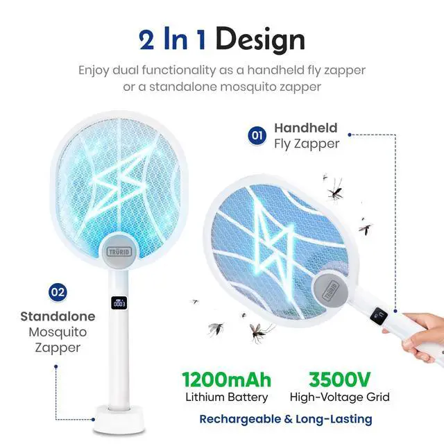 Alt view image 2 of 7 - Fly Swatter and Bug Zapper Indoor - 2-in-1 Electric Swatter with Rechargeable Mosquito Zapper, High-Voltage Fly Killer and UV Light Mosquito Trap for Effective Indoor and Outdoor Use