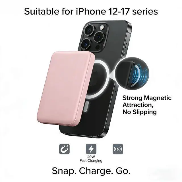 Main image of For Magsafe Portable Charger Power Bank, 10000mAh/5000mAh Wireless Magnetic, Type-C 20W PD Fast Charging, LED Display, Wireless Portable Charger for iPhone 17/16/15/14/13/12 All Series pink 10000mAh