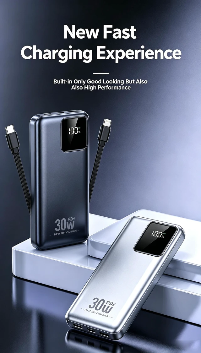 Alt view image 2 of 7 - SolidState Power Bank, 30W PD Fast Charging Portable Charger, 10000mAh / 20000mAh Large Capacity Battery Pack with Builtin Lightning & TypeC Dual Cables, LED Digital Display, MultiDevice Charging