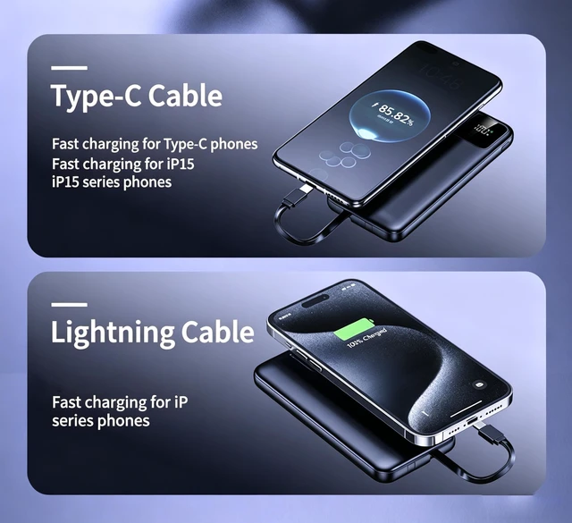 Alt view image 4 of 7 - SolidState Power Bank, 30W PD Fast Charging Portable Charger, 10000mAh / 20000mAh Large Capacity Battery Pack with Builtin Lightning & TypeC Dual Cables, LED Digital Display, MultiDevice Charging