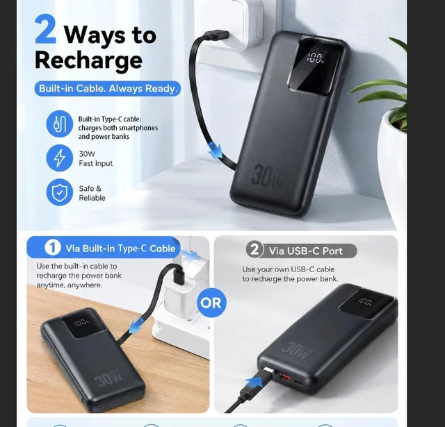 Alt view image 6 of 7 - SolidState Power Bank, 30W PD Fast Charging Portable Charger, 10000mAh / 20000mAh Large Capacity Battery Pack with Builtin Lightning & TypeC Dual Cables, LED Digital Display, MultiDevice Charging