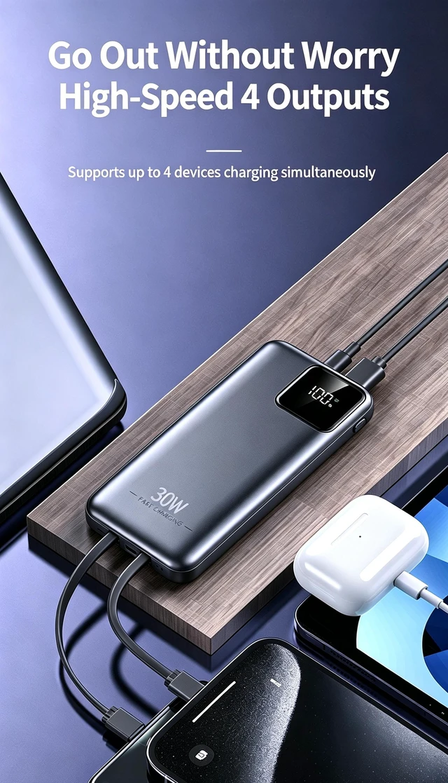 Alt view image 5 of 7 - SolidState Power Bank, 30W PD Fast Charging Portable Charger, 10000mAh / 20000mAh Large Capacity Battery Pack with Builtin Lightning & TypeC Dual Cables, LED Digital Display, MultiDevice Charging
