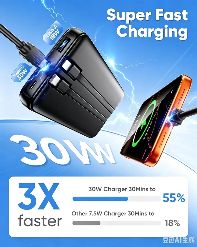 Alt view image 7 of 7 - SolidState Power Bank, 30W PD Fast Charging Portable Charger, 10000mAh / 20000mAh Large Capacity Battery Pack with Builtin Lightning & TypeC Dual Cables, LED Digital Display, MultiDevice Charging
