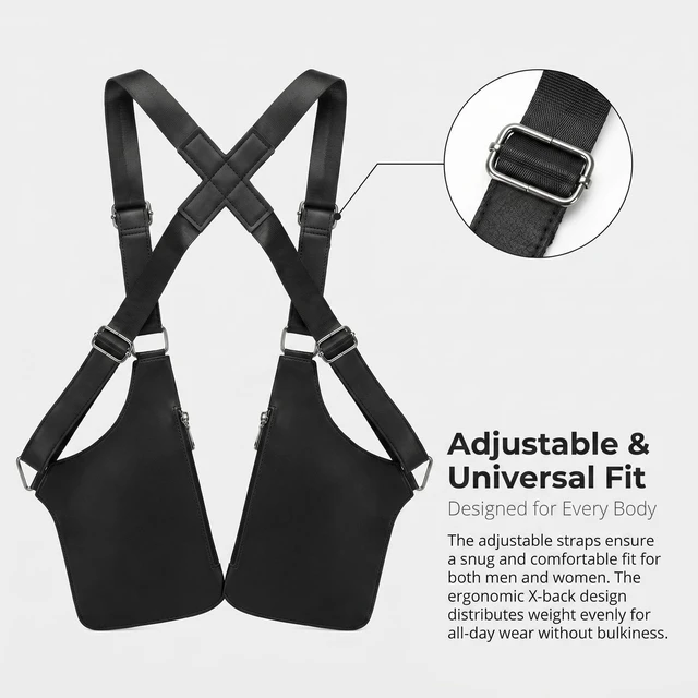 Alt view image 2 of 7 - PU Leather Underarm Hidden Chest Pouch for Men & Women, AntiTheft DualPocket Storage Bag with Adjustable Strap, Wallet & Phone Holder for Travel Cycling Work