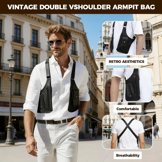 Alt view image 4 of 7 - PU Leather Underarm Hidden Chest Pouch for Men & Women, AntiTheft DualPocket Storage Bag with Adjustable Strap, Wallet & Phone Holder for Travel Cycling Work
