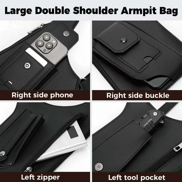 Alt view image 5 of 7 - PU Leather Underarm Hidden Chest Pouch for Men & Women, AntiTheft DualPocket Storage Bag with Adjustable Strap, Wallet & Phone Holder for Travel Cycling Work