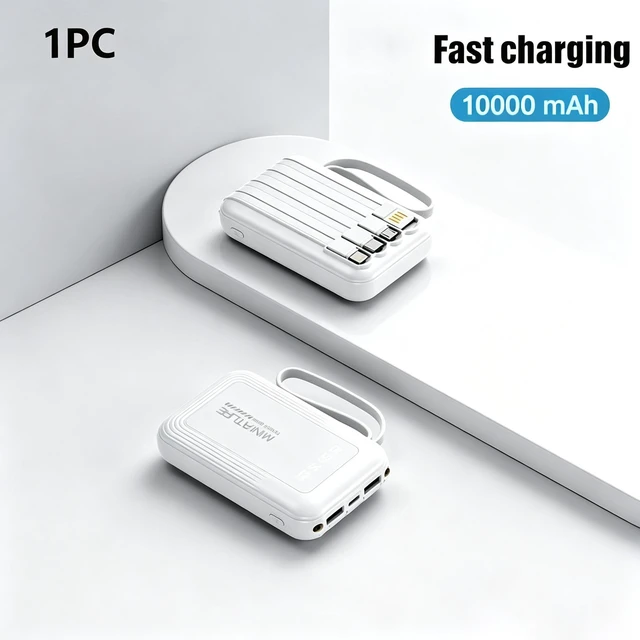 Main image of Portable 10000mAh Power Bank Builtin 4 Cables Fast Charging LED Flashlight Digital Display External Battery Pack for Travel Gift