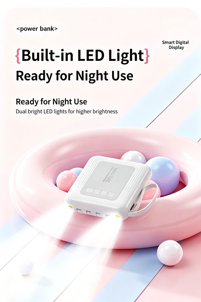 Alt view image 2 of 7 - Portable 10000mAh Power Bank Builtin 4 Cables Fast Charging LED Flashlight Digital Display External Battery Pack for Travel Gift