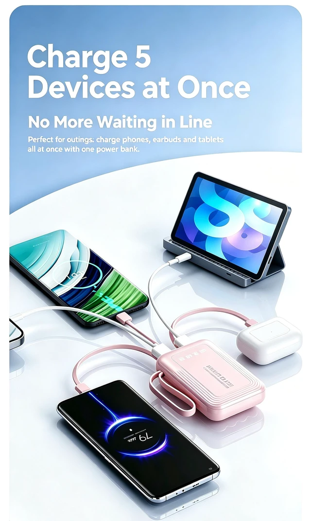 Alt view image 5 of 7 - Portable 10000mAh Power Bank Builtin 4 Cables Fast Charging LED Flashlight Digital Display External Battery Pack for Travel Gift