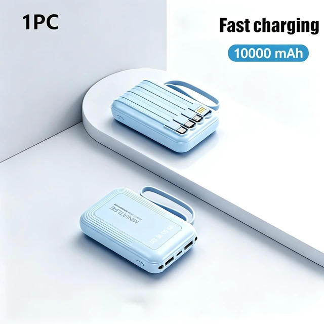 Main image of Portable 10000mAh Power Bank Builtin 4 Cables Fast Charging LED Flashlight Digital Display External Battery Pack for Travel Gift blue
