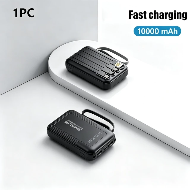Main image of Portable 10000mAh Power Bank Builtin 4 Cables Fast Charging LED Flashlight Digital Display External Battery Pack for Travel Gift black