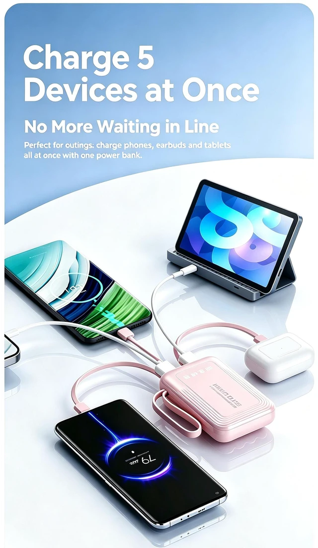 Alt view image 5 of 7 - Portable 10000mAh Power Bank Builtin 4 Cables Fast Charging LED Flashlight Digital Display External Battery Pack for Travel Gift blue