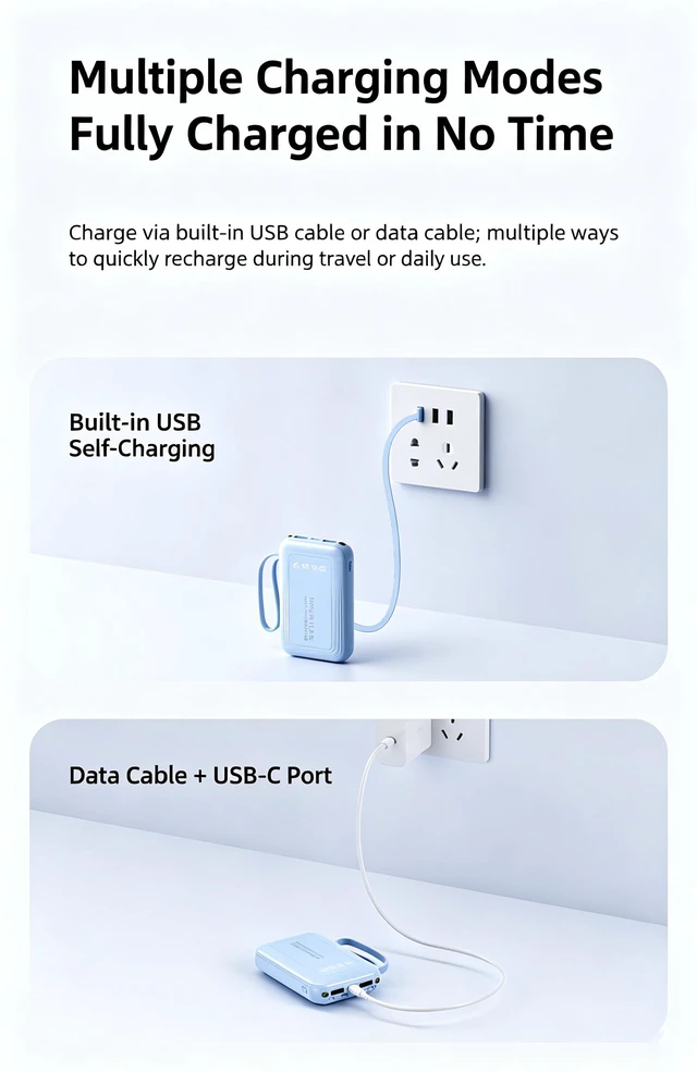 Alt view image 7 of 7 - Portable 10000mAh Power Bank Builtin 4 Cables Fast Charging LED Flashlight Digital Display External Battery Pack for Travel Gift blue