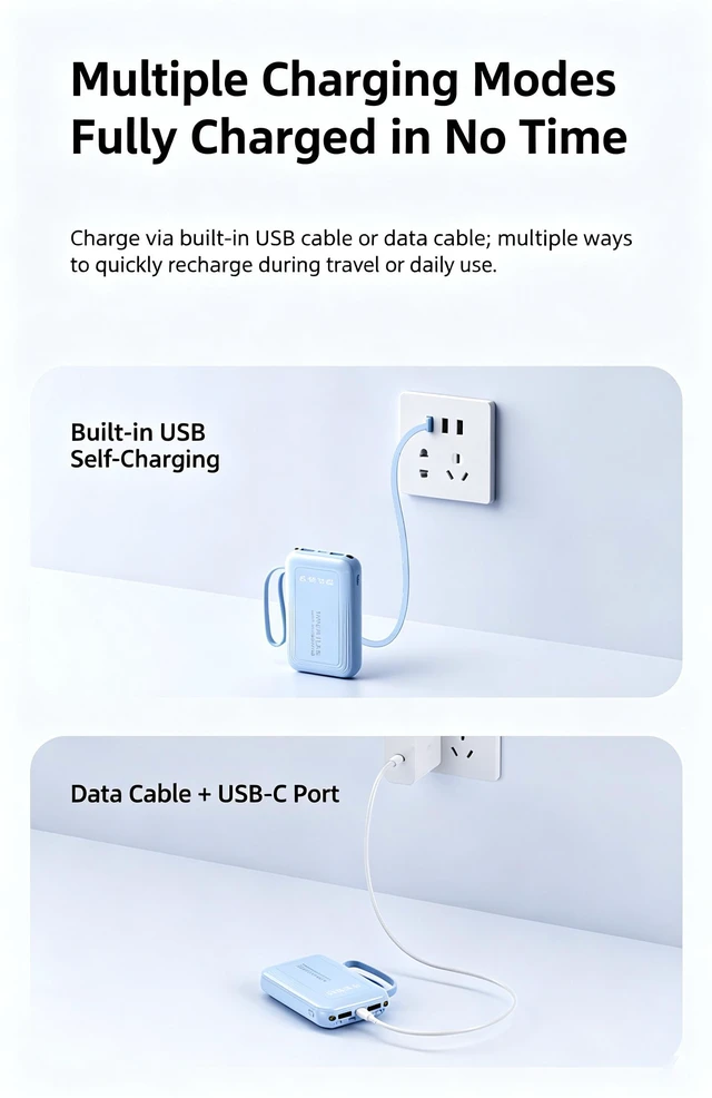 Alt view image 6 of 7 - Portable 10000mAh Power Bank Builtin 4 Cables Fast Charging LED Flashlight Digital Display External Battery Pack for Travel Gift black