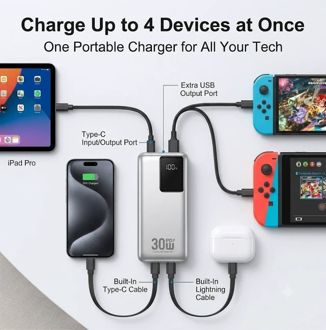 Alt view image 2 of 6 - Solid State Battery Power Bank, 10000mAh & 20000mAh Large Capacity, 30W PD Fast Charging Portable Charger, Built-in Cables Digital Display External Battery Pack, Compatible with iPhone, Android