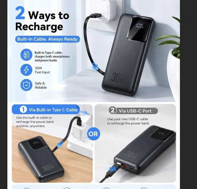 Alt view image 5 of 7 - Solid State Battery Power Bank, 10000mAh & 20000mAh Large Capacity, 30W PD Fast Charging Portable Charger, Built-in Cables Digital Display External Battery Pack, Compatible with iPhone, Android